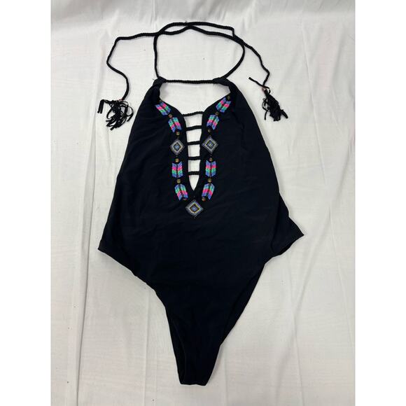 Eco Peace Black One Piece Bathing Suit Boho Beaded Cut Out Halter Women’s Size L - Picture 1 of 11